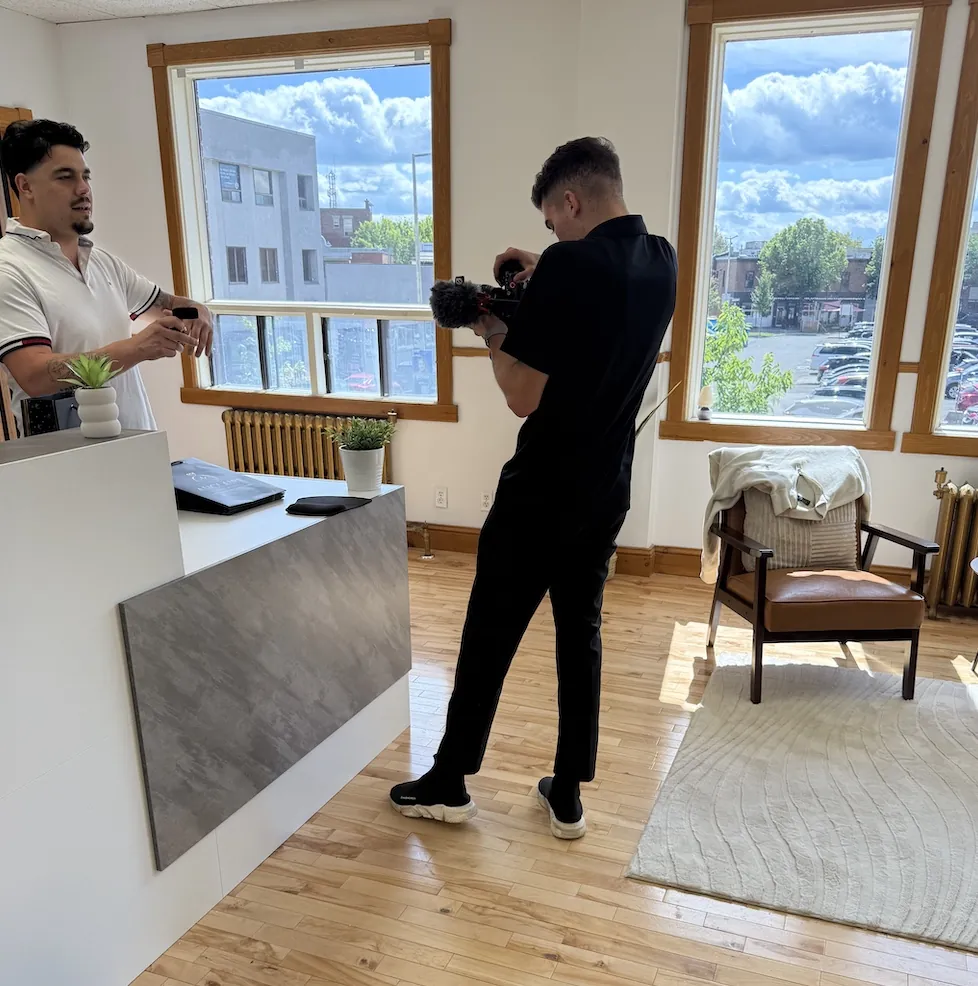 Video shoot with a business owner in a bright workspace